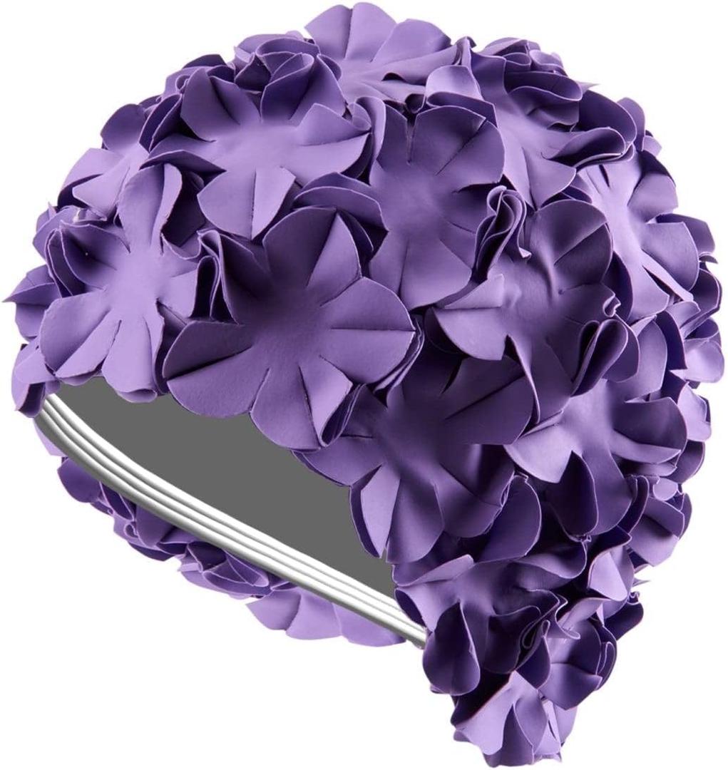 Sporti Flower Swim Cap - Swim Cap for Women- Stylish, Heavy-Duty Rubber, Hair Protection - Ideal for Water Enthusiasts (Purple)