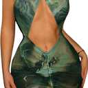 SweatyRocks Women's Cut Out Tie Dye Halter Dress Criss Cross Sleeveless Bodycon Mini Dresses (Medium, Multicolor)