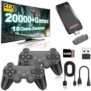 ANGFA Wireless Retro Game Console Stick, Upgrade Retro Video Gaming Stick Built in 20000+ Games with 18 Emulators, 4K HDMI Output with 2 Pack 2.4G Wireless Controllers for Nostalgia Gifts- 64GB