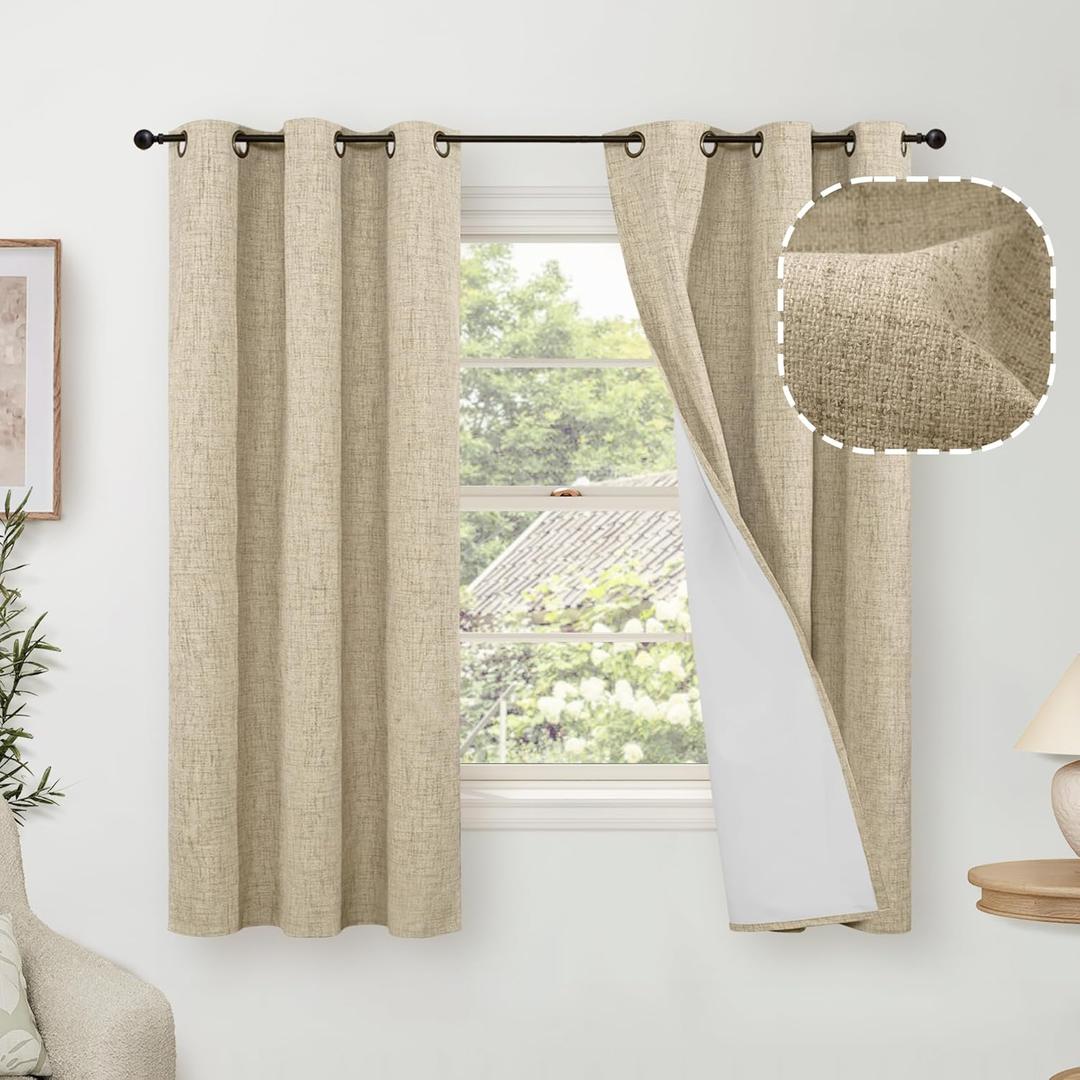 Linen Blackout Curtains for Bedroom Narrow Window, Thermal Insulated Complete Light Blocking Privacy Soundproof Small Curtains for Basement, Each 38 Inch Wide 63 Inch Length 2 Panels, Burlap