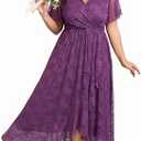 SCOMCHIC Womens Plus Size Wedding Guest Dress Formal Lace Wrap V Neck High Low Short Sleeve Cocktail Maxi Dresses,L