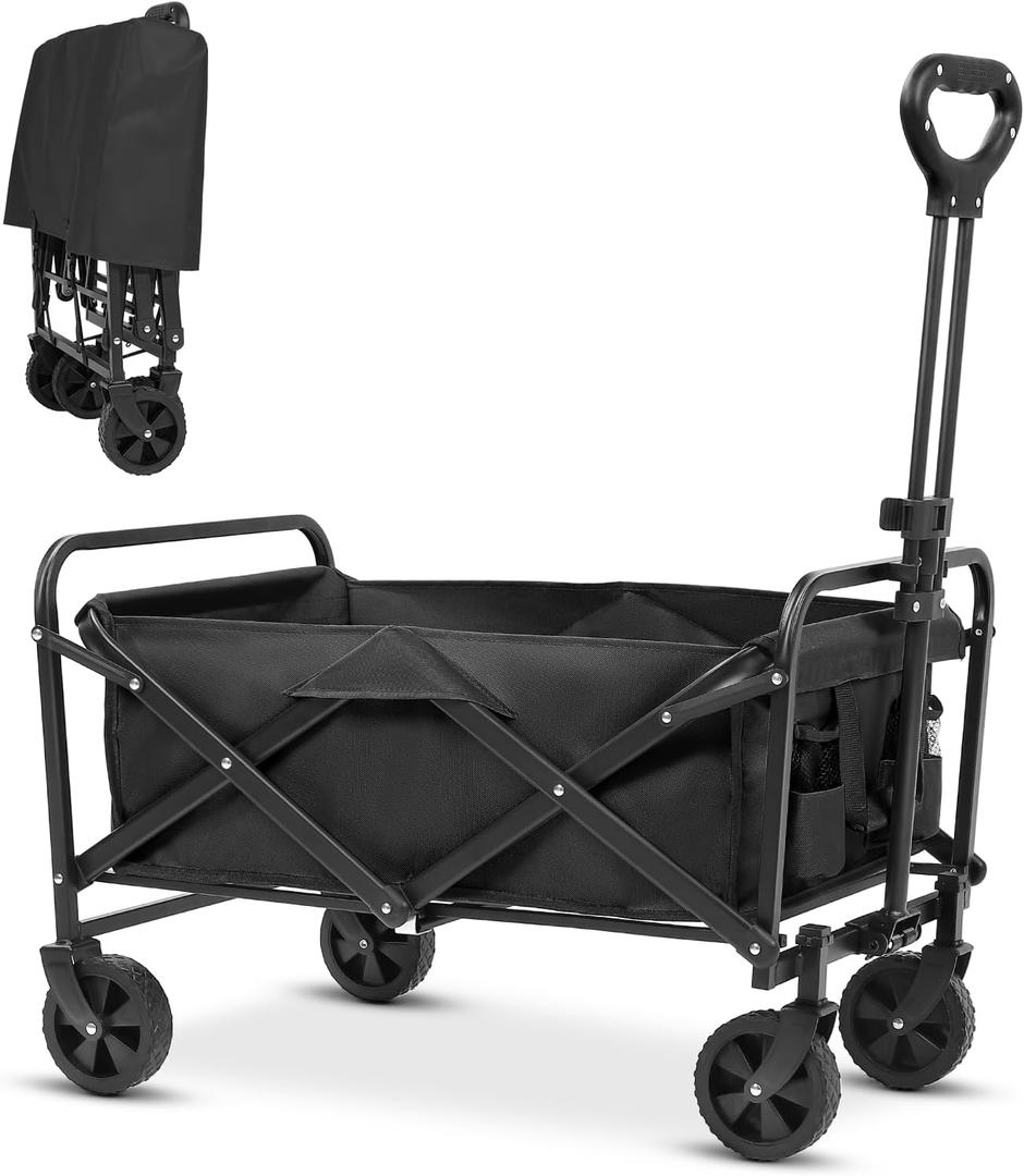 Collapsible Folding Beach Wagon,Utility Grocery Wagons Carts Foldable with Wheels for Sand Camping Sports Shopping Outdoor. (Black)