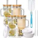 24oz Ribbed Glass Tumbler With Handle,4Pack Glass Cup with Lids and Straws,Reusable Glass Iced Coffee Cups With lids,Mason Jar Cup&Drinking Glasses for Smoothie,Shake,Juice,Soda Water,Tea,Travel Cup