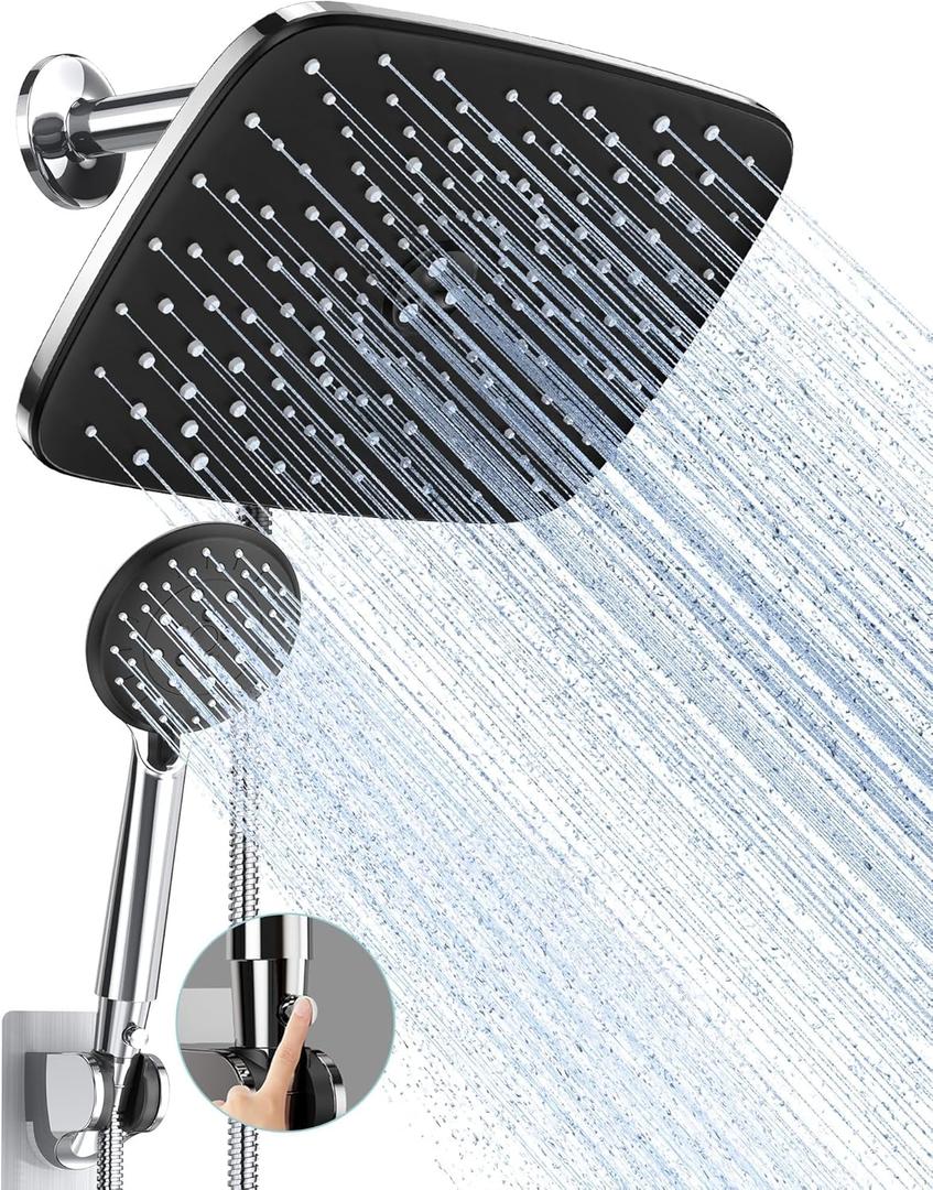 Veken 11.8 Inch Rain Shower Head with Handheld- High Pressure Dual Shower Heads with 5 Modes Handheld Spray Combo- Wide Rainfall Showerhead with Hose, Bathroom Accessories, Chrome