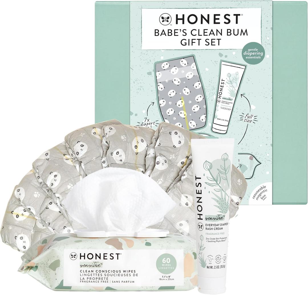 The Honest Company Babe's Clean Bum Gift Set, Diapering and Newborn Essentials 99% Water Wipes 60 ct Diaper Rash Cream 2.5 oz Conscious Diapers Size 1