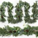 XunYee 9 Feet Christmas Cedar Garland, Realistic Pine Needles Garland with Cones and Eucalyptus Leaves, Artificial Greenery for Mantle, Stair, Doorway, or Xmas Holiday Decoration