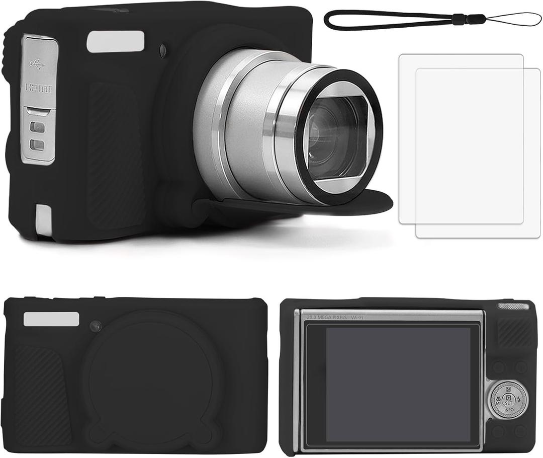 CboZpfa Camera Case for Canon PowerShot SX740/ SX730, Soft Silicone Protective Bag Removable Lens Cover, Anti-Scratch Slim Fit Lightweight Protective, 2 LCD Tempered Films, 1 Wrist Strap - Black
