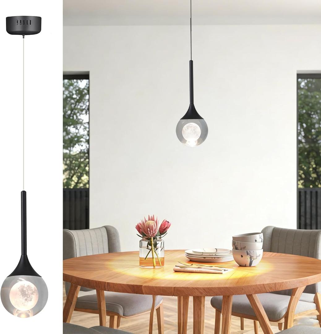 Modern Crystal Moon Pendant Light, Black Dimmable Natural White (3000K) LED Hanging Light Fixture for Kitchen Island, Dining Room, Bar, Bedroom (Matte Black, 1 Pack)