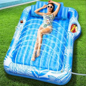 78"x50" Inflatable Tanning Pool Lounger Float with Sprinkler, Extra Large Pool Floats Adult with Pillow 6 in 1 Suntan Tub Raft Floatie with Food Drink Holder, Blow Up Tanning Bed for Summer Pool Party