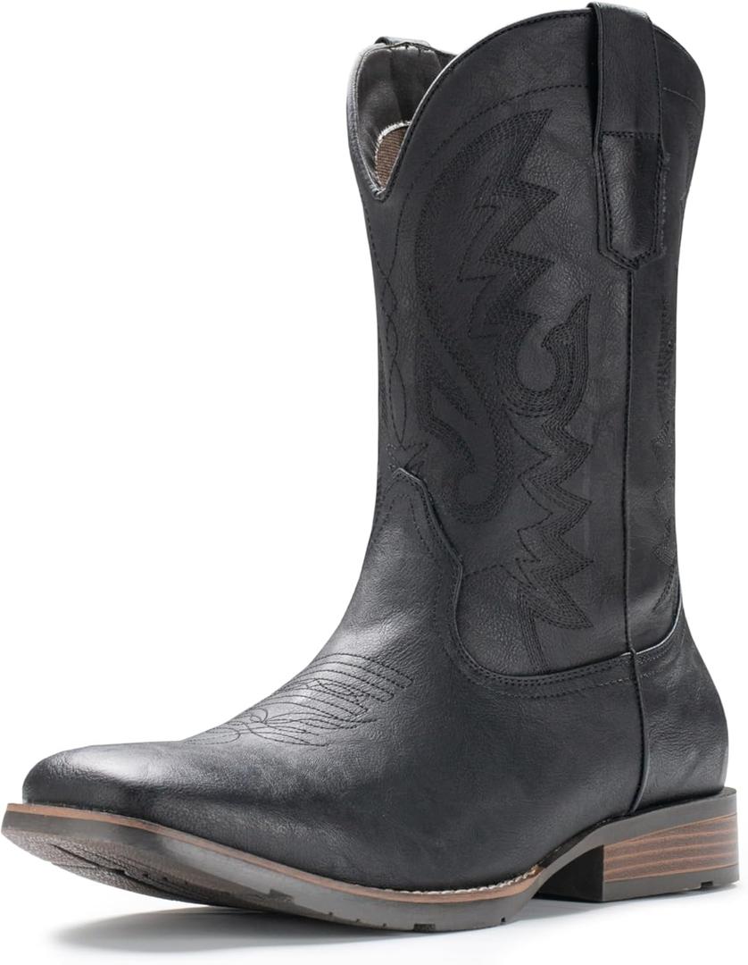 IUV Cowboy Boots For Men with Wide Square Toe Western Retro Boot Durable Classic Fashionable Embroidered Pull On Slip Resistant Boots (Black) 11