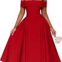 YMDUCH Women's Elegant Off Shoulder Short Sleeve A line Flowy Swing Cocktail Party Long Dress S