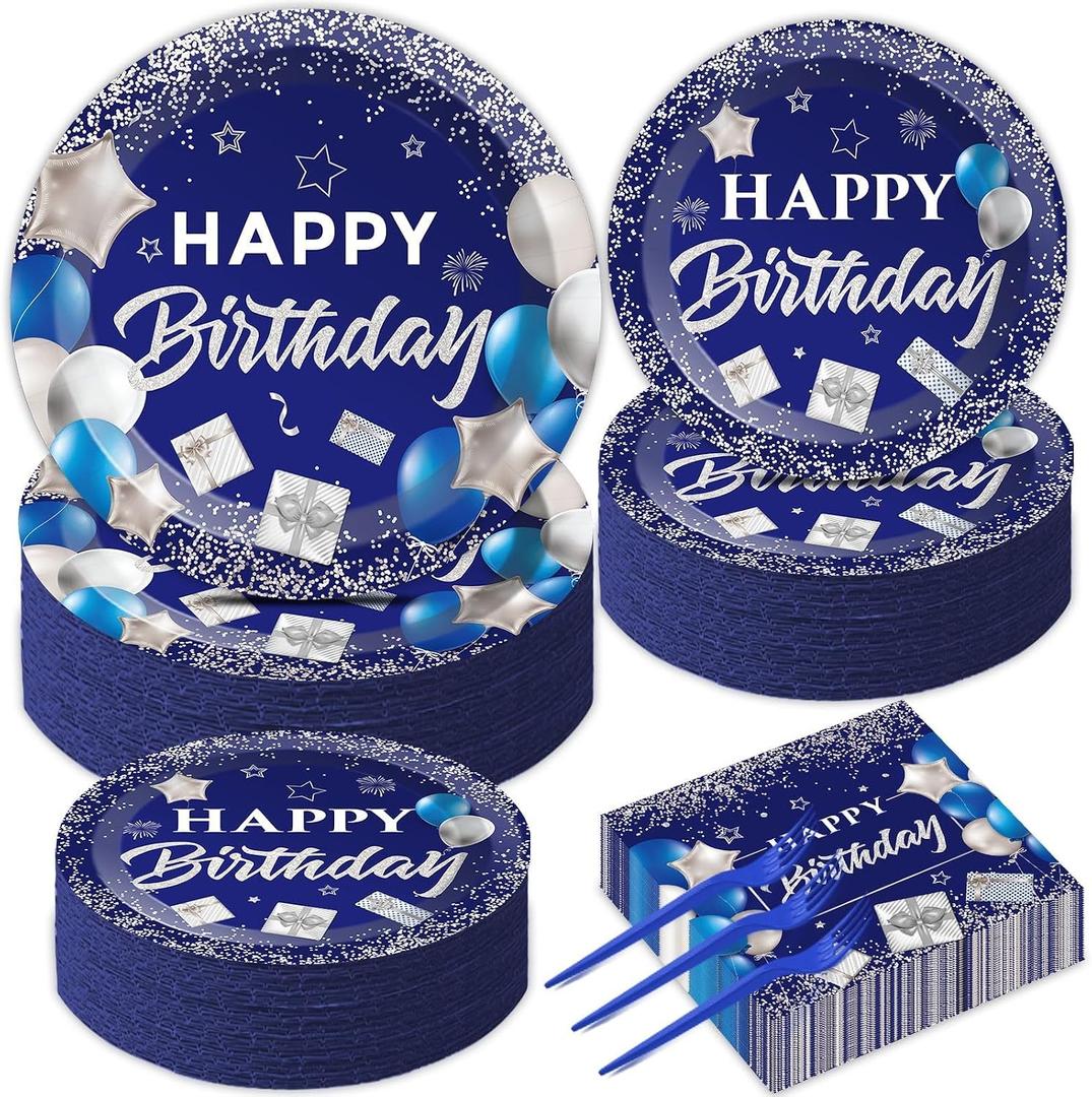 gisgfim 50 Guests Blue Birthday Party Supplies Navy Blue and Silver Plates and Napkins Plastic Forks Happy Birthday Tableware Paper Disposable Plates for Men Women Party 200PCS