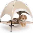 FUNNY FUZZY Elevated Cooling Dog Bed with Canopy(30"x24"x7"), Khaki, Outdoor Raised Dog Cot with Shade, Cooling Breathable Mesh Pet Bed, Portable Waterproof Dog Camping Bed for Large Medium Small Dogs