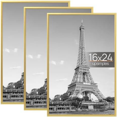 upsimples 16x24 Picture Frame Gold 3 Pack, Scratch-Proof Poster Frames 16 x 24 for Photo Gallery - Slide-In Strips, Horizontal or Vertical Wall Mounting
