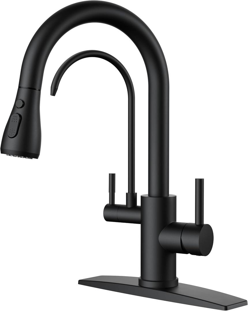 FORIOUS Black Kitchen Faucets with Water Filter, 2 in 1 Stainless Steel Pull Down Sink Faucet and Purified Water Faucet Rustic High Arc Single Handle with Detachable Deck for 1 or 3 Hole