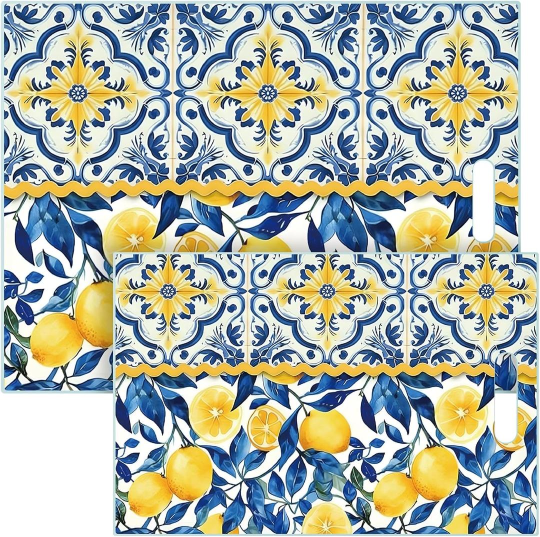 2 Pack Glass Cutting Board for Kitchen, Lemon Tempered Glass Cutting Board with Handles Set Gifts Charcuterie Cheese Snack Boards Decorative, 16 x 12 Inches and 12 x 8 Inches(Blue Lemon)