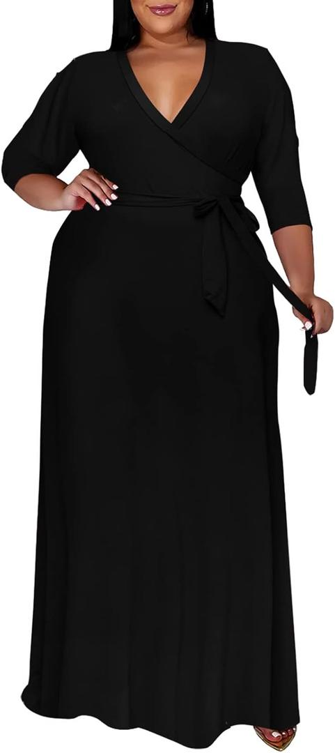 Runwind Plus Size Dresses for Women Floral Maxi Dress Flowy 3/4 Sleeve with Belt (XX-Large, 11-black)