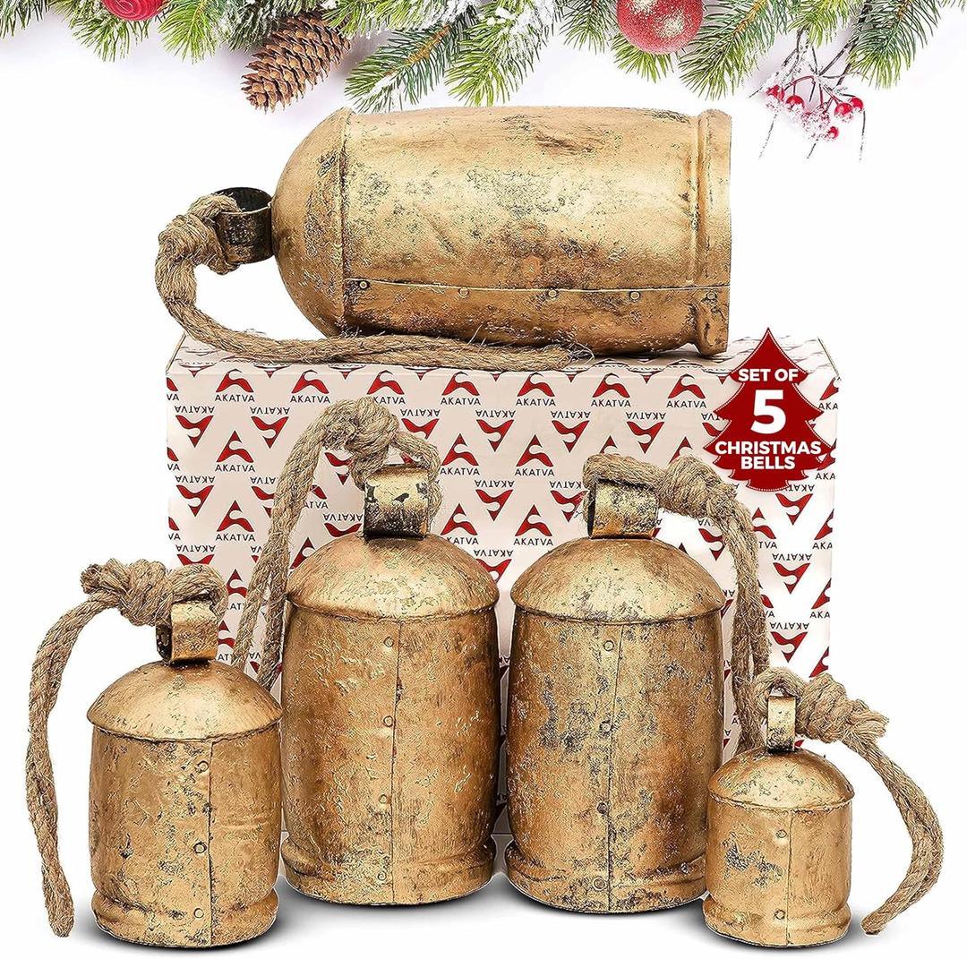 Akatva Large Brass Cow Bells for Rustic Christmas Decor - Set of 5 Vintage Gold Bells on Rope