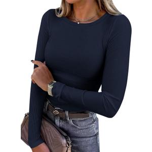 PRETTYGARDEN Women 2026 Fall Clothes Long Sleeve Shirts Ribbed Knit Fitted Basic Tee Going Out Tops Underscrub Casual Outfits (Blue, M)