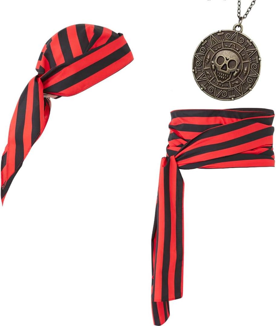 Pirate Costume Accessories Women Men Pirate Bandana Headband Head Scarf Pirate Sash Belt and Pirate Jewelry 3pcs (Black and Red)
