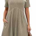 Ulovmi Women's Summer Casual Flowy A-Line Dresses Short Sleeve Ribbed Knit Swing Dress T-Shirt Sundress with Pockets (Green, S)