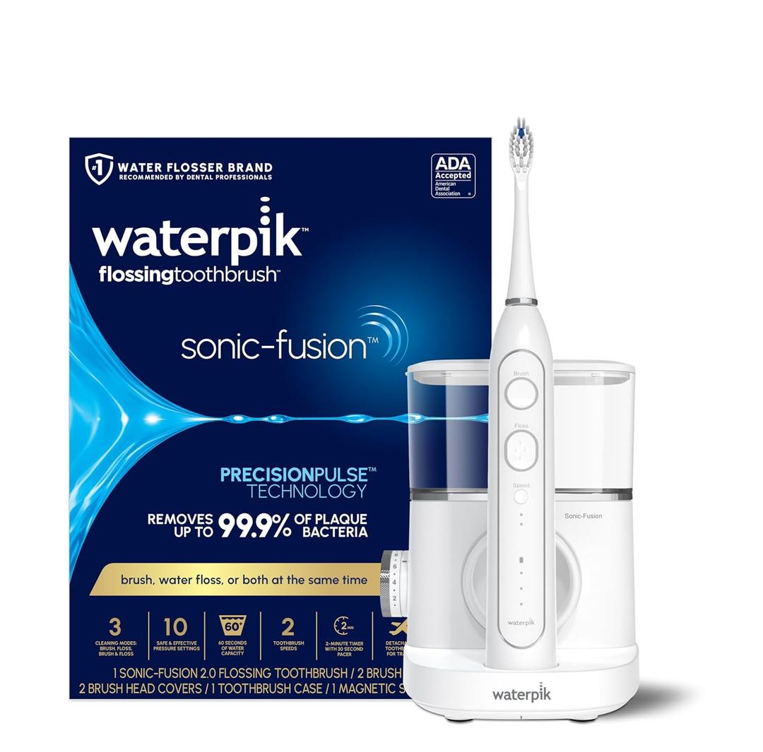 Waterpik Sonic-Fusion 2.0 Professional Flossing Electric Toothbrush with Water Flosser Combo Two In One, For Daily Gum Care and Cleaning Teeth, Braces, Implants, White SF-04CD010-1