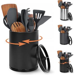 Nigelia Extra Large Kitchen Utensil Holder, 360 Rotating Stainless Steel Cooking Utensil Holder for Countertop, 3 Compartment Flatware Organizer & Cooking Caddy with Removable Base,Black