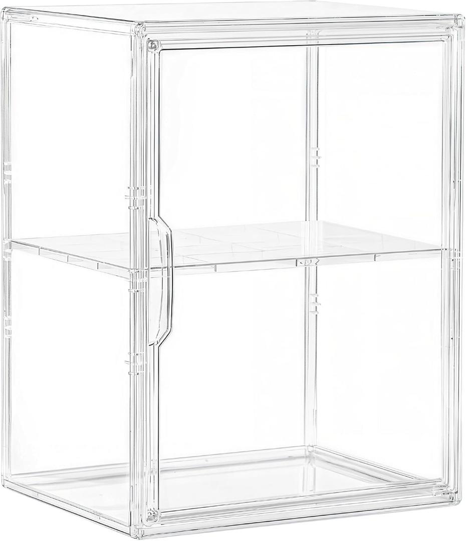 Acrylic Display Case for Collectibles, Clear Storage Bin with 3 Adjustable Layers and 1 Removable Divider, Stackable Clear Storage Box with Magnetic Door for Figures, Home or Office, Large