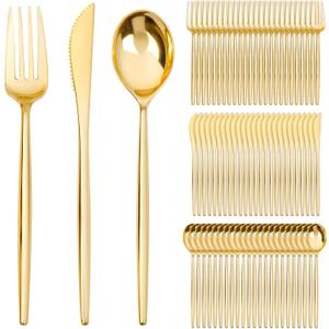 SUT 600 Pcs Gold Plastic Silverware, Gold Disposable Utensils, Heavy Duty Cutlery Set, Disposable Silverware Set Include 200 Forks, 200 Spoons, 200 Knives Heavy Duty Flatware for Party