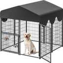 4x4x4.5ft Outdoor Dog Kennel, Metal Heavy Duty Dog Run with Rotating Door & 2 Adjustable Bowls, Dog Kennel Outside with Waterproof Cover, Pet Enclosure Indoor for Small/Medium/Large Dogs