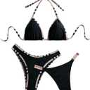 SOLY HUX 3 Piece Swimsuit for Women Checked Pattern Triangle Thong Swimwear Bathing Suit (Black, S)