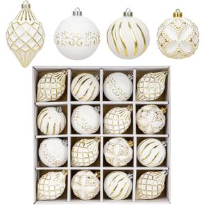 16PCS Shatterproof Christmas Ball Ornaments Set, Hand-Painted Holiday Decor with Assorted Sizes & Designs for Christmas Tree Thanksgiving Party Decoration, Gold-White