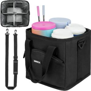 Reusable Drink Carrier with Handle Insulated, Collapsible 4-Cup Beverage Bag with No-Spill Base, Adjustable Dividers & Shoulder Strap, Portable Caddy for Delivery, Car and Travel, Black