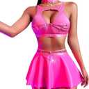 ABAFIP Women Rave Outfits Metallic Mini Skirt Cutout Crop Bra Top Choker Strappy Festival Dancewear set, Rose, L