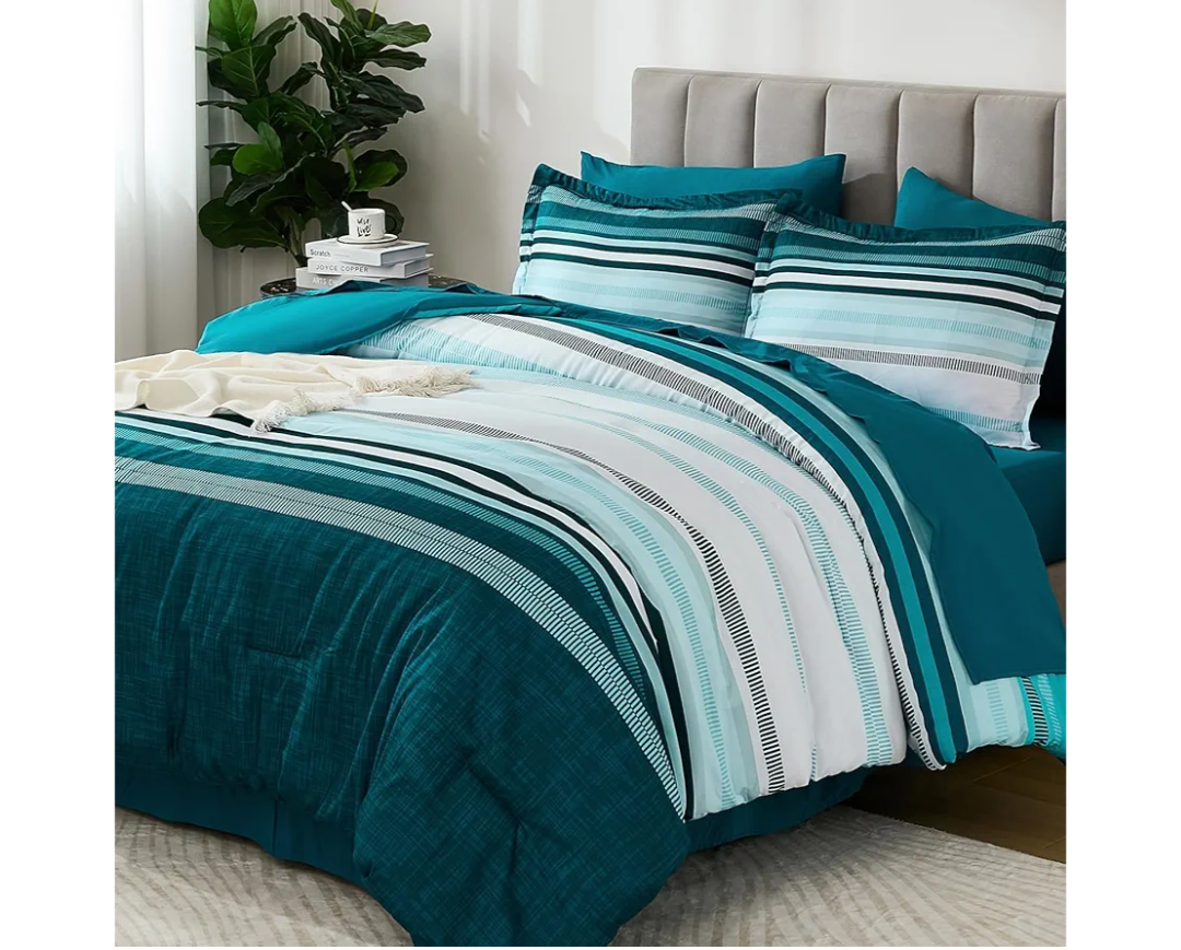 Dobuyly Teal Queen Comforter Set 7 Pieces, Blue Boho Striped Bed in a Bag Queen Size Soft Microfiber All Season Bedding Set with Comforter, Sheets, Pillowcases & Shams