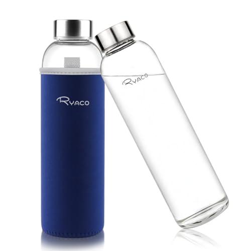 Ryaco Borosilicate Glass Water Bottle 33oz/1L/1000ml BPA-Free Leak Proof Ideal for School Home Office Travel Sport Yoga Gym Hot Cold Drinks with Portable Neoprene Carrying Sleeve and Sponge Brush
