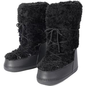 Fuzzy Fur boots for Women - Furry Winter Snow Boots Fluffy Waterproof Mid Calf Boots For Outdoor Flat Shoes (7, Black)