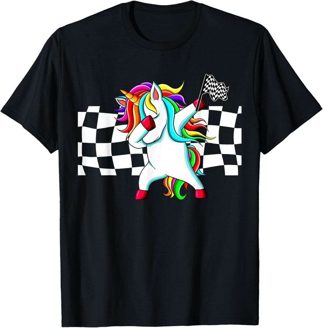 Racecar Racing Checker Flag Dabbing Unicorn Graphic T-Shirt, 2XL