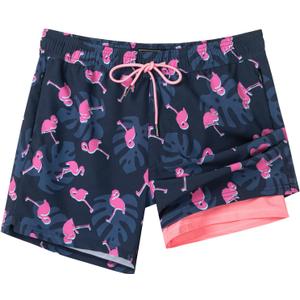 SURF CUZ Mens Swim Trunks with Compression Liner Quick Dry Swim Shorts Swimming Trunks 2 in 1 Bathing Suit Zipper Pockets (XX-Large, Dark Tropical Flamingo)