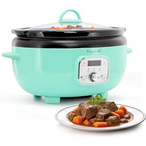 MegaChef 6.9 Quart Oval Electric Slow Cooker, Removable Ceramic Pot, 3 Heat Settings, Kitchen Appliance, Countertop Cooker (Turquoise)