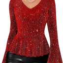 Sparkly Tops for Women Long Sleeve V Neck Ruffle Hem Sequin Shirts Glitter Blouses Evening Party Night (Medium, Burgundy)