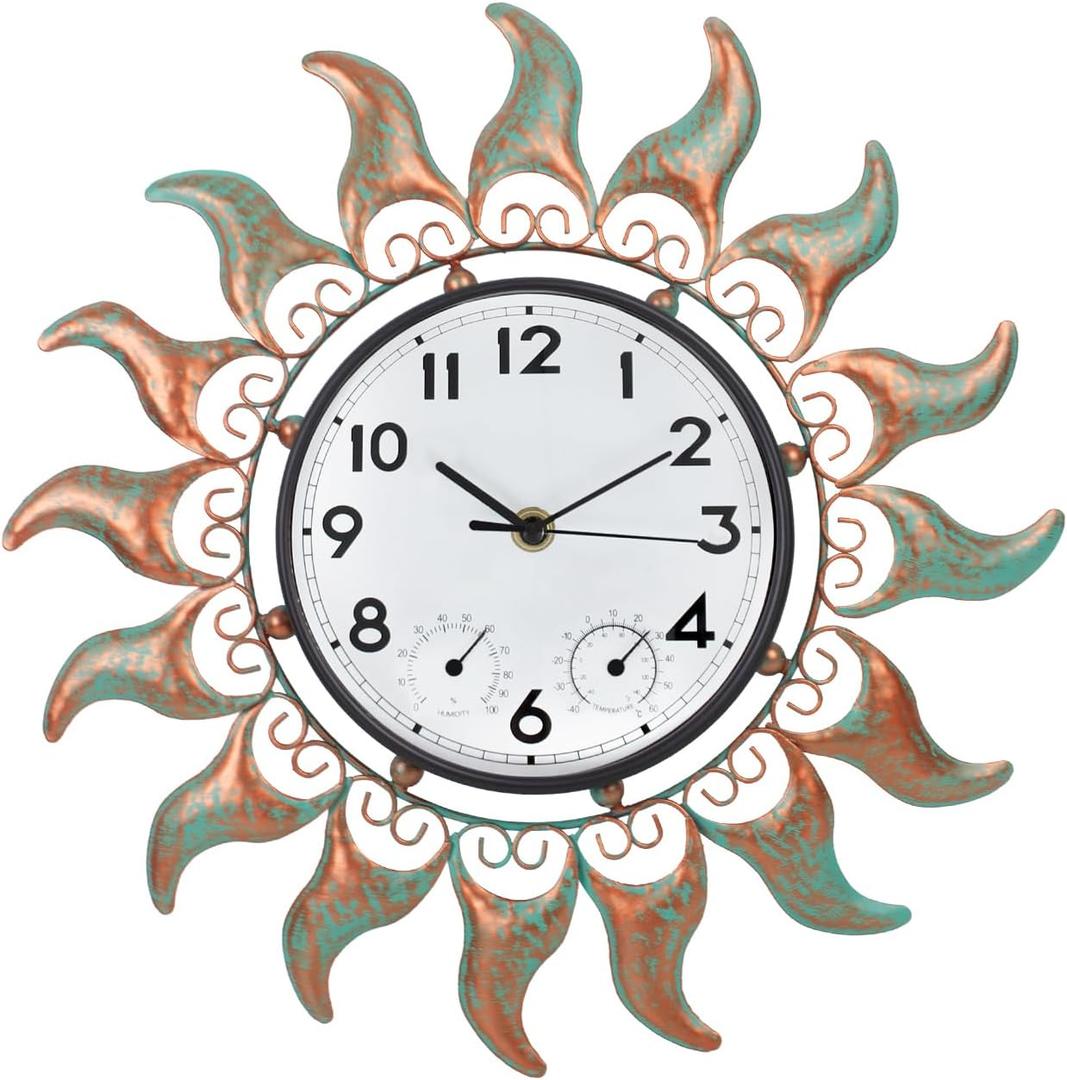 Outdoor Clock with Thermometer and Hygrometer Combo, 13 Inch Bronze Sun Outdoor Wall Clock Waterproof, Silent No-Ticking Outdoor Clocks for Patio, Living Room, Kitchen, Garden