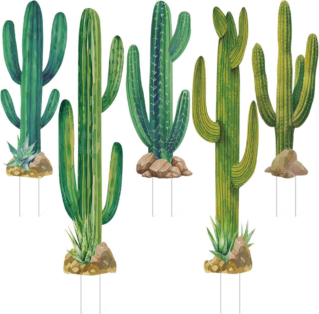 Eaasty 5 Pack 3.15 & 2.1 ft Large Boho Cactus Yard Stakes Signs Decoration Mexican Fiesta Decorations Cinco De Mayo Decor Western Cowboy Party Jointed Cactus Sign for Outdoor Garden Lawn Mexican Party
