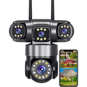 4-Lens Security Cameras Wireless for Home Surveillance Outdoor, Indoor, 4 * 2MP FHD Resolution, PTZ 360Coverage, WiFi Connection, 2-Way Audio Talk, Color Night Vision, AI Motion Detecting