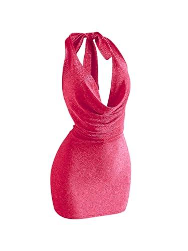 SOLY HUX Women's Shiny Deep V Neck Halter Bodycon Mini Dress Sleeveless Cocktail Prom Pencil Dresses Hot Pink X-Small