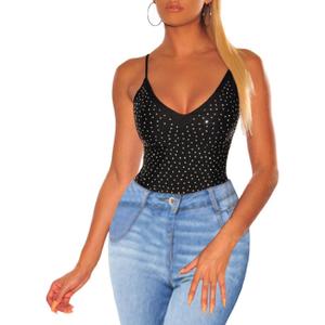 Women's Mesh Tops Glitter Sparkle Rhinestone Shirts See Through Tees Sheer Going Out Blouse (#18 Black)