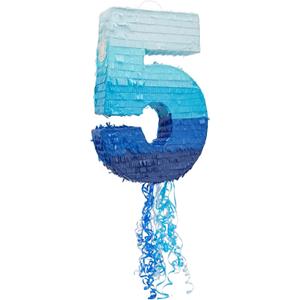 Ombre Blue Number 5 Pull String Pinata, Party Game for Kids, 16.5 X 11.6 In Fillable Hanging Decoration for 5th Birthday Decorations for Boys Girls, Holds Candy, Toys, Confetti