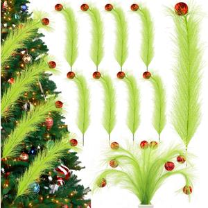 2 x Green Furry Christmas Picks 8pcs Lime Furry Christmas Tree Topper Decoration Green Curly Tree Picks with Red Ball Greens Pampas Grass Xmas Pick Elf Ornament for Xmas Wreath Vase Filler