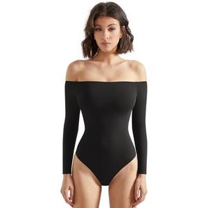 SUUKSESS Women Off the Shoulder Long Sleeve Bodysuit Double Lined Thong Bodysuit M, Black