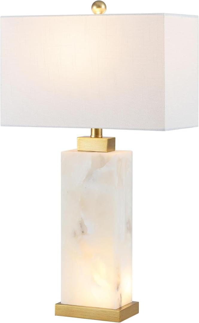 JONATHAN Y 27.5" White/Gold Modern Alabaster LED Table Lamp for Home Decor, White Linen Shade, Coastal Nightstand Lamp with Built-in Base Accent Light JYL6201A